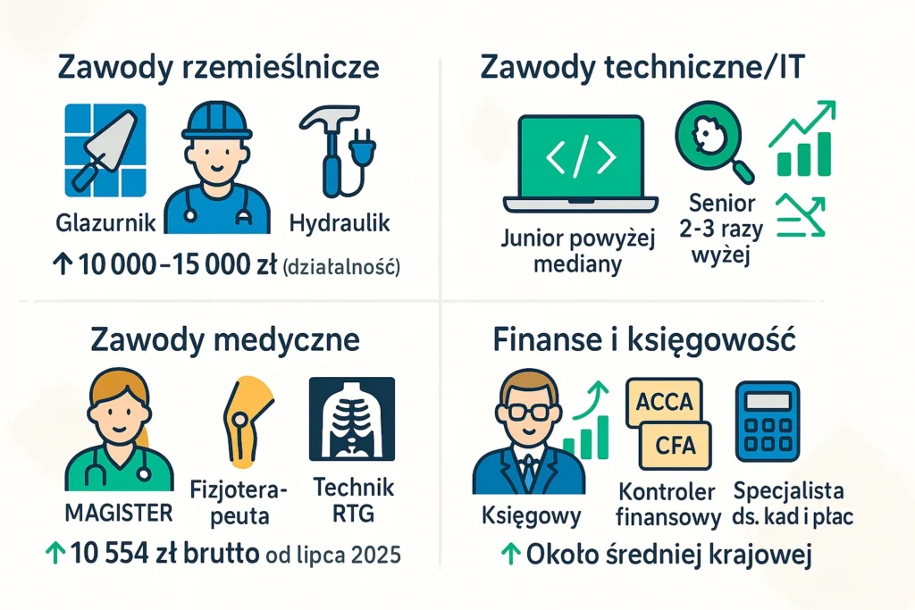 Cztery kategorie dobrze płatnych zawodów w Polsce - rzemiosło, IT, medycyna, finanse