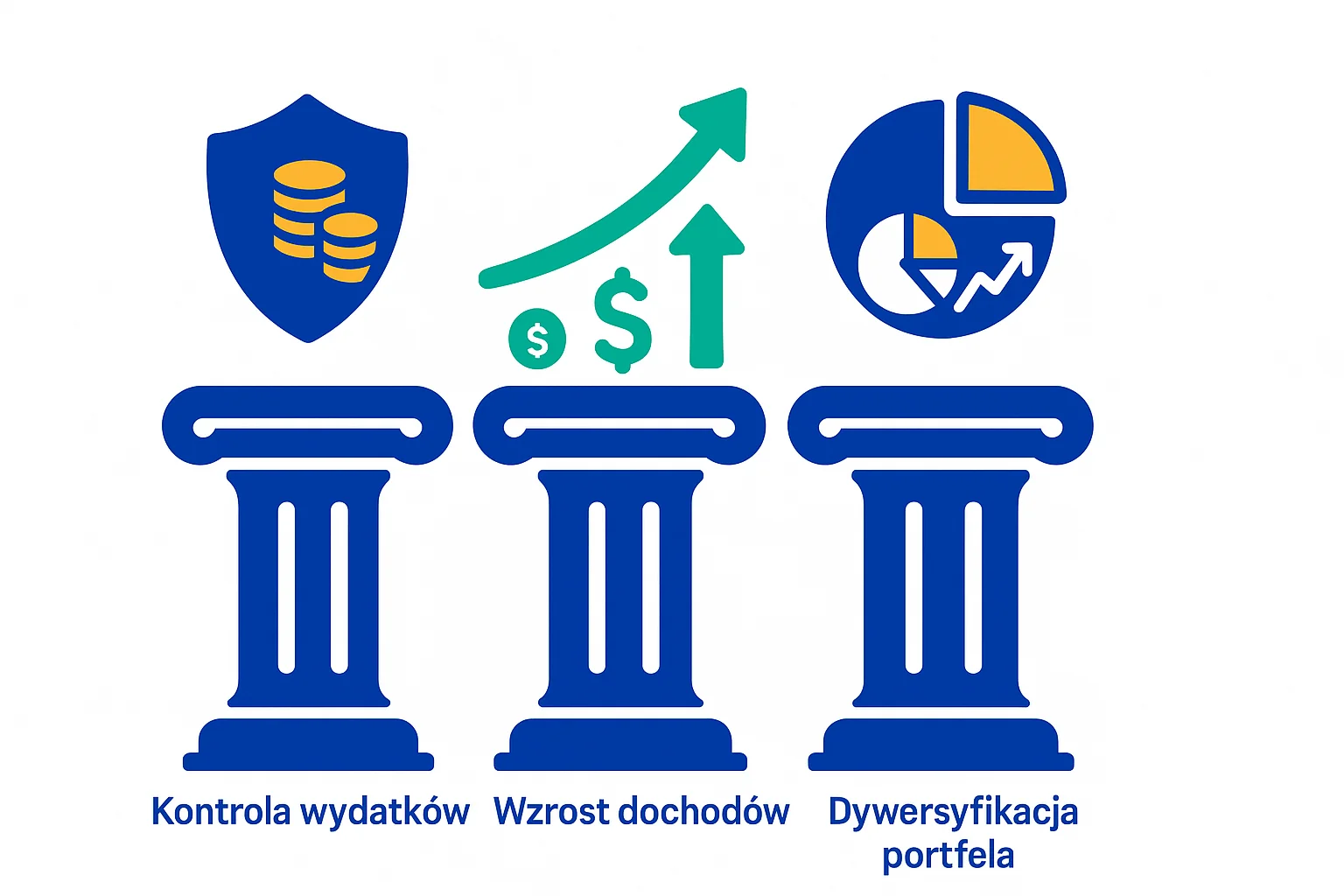 Trzy filary budowania majątku infografika - kontrola wydatków, zwiększanie zarobków, inwestowanie