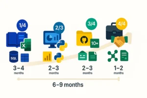 Jak zostać Data Analyst - ścieżka rozwoju 4 etapy: nauka podstaw 3-4 mies, narzędzia 2-3 mies, portfolio 2-3 mies, wejście na rynek 1-2 mies