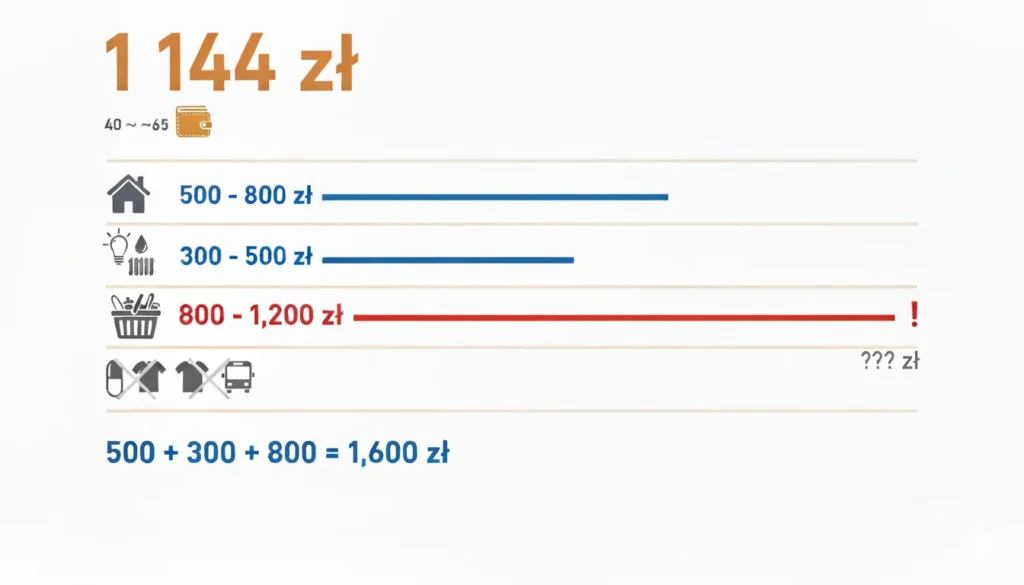 ** Porównanie kosztów życia z emeryturą 1144 zł: czynsz 500-800 zł, media 300-500 zł, jedzenie 800-1200 zł przekracza budżet **