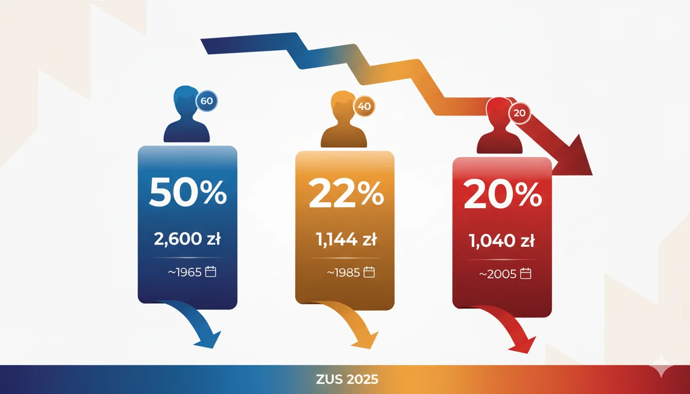 ** Porównanie stopy zastąpienia emerytur ZUS dla trzech pokoleń: 60-latków (50%), 40-latków (22%) i 20-latków (20%) **
