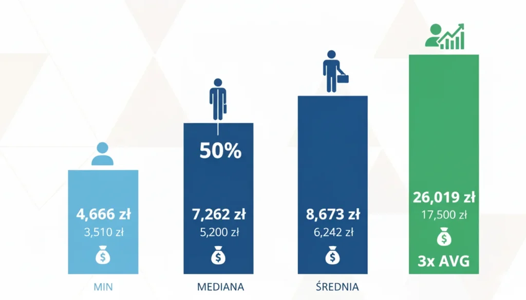 ** Porównanie poziomów zarobków w Polsce 2025: najniższa krajowa 4666 zł, mediana 7262 zł, średnia 8673 zł **